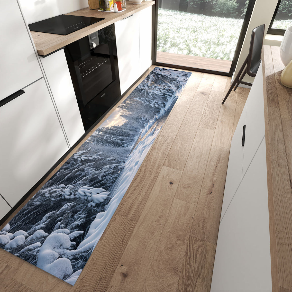 Ordnungsschaffender Küchenläufer mit Motiv Winterfluss in moderner Küche