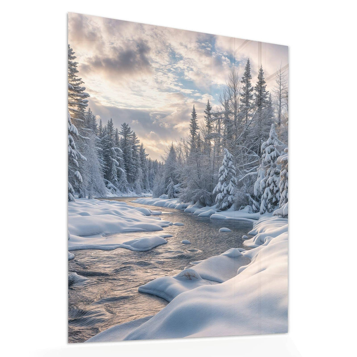 Echtglas, 4 mm – kein Acryl, keine Folie – Wandbild - Verschneiter Flusslauf - Hochformat
