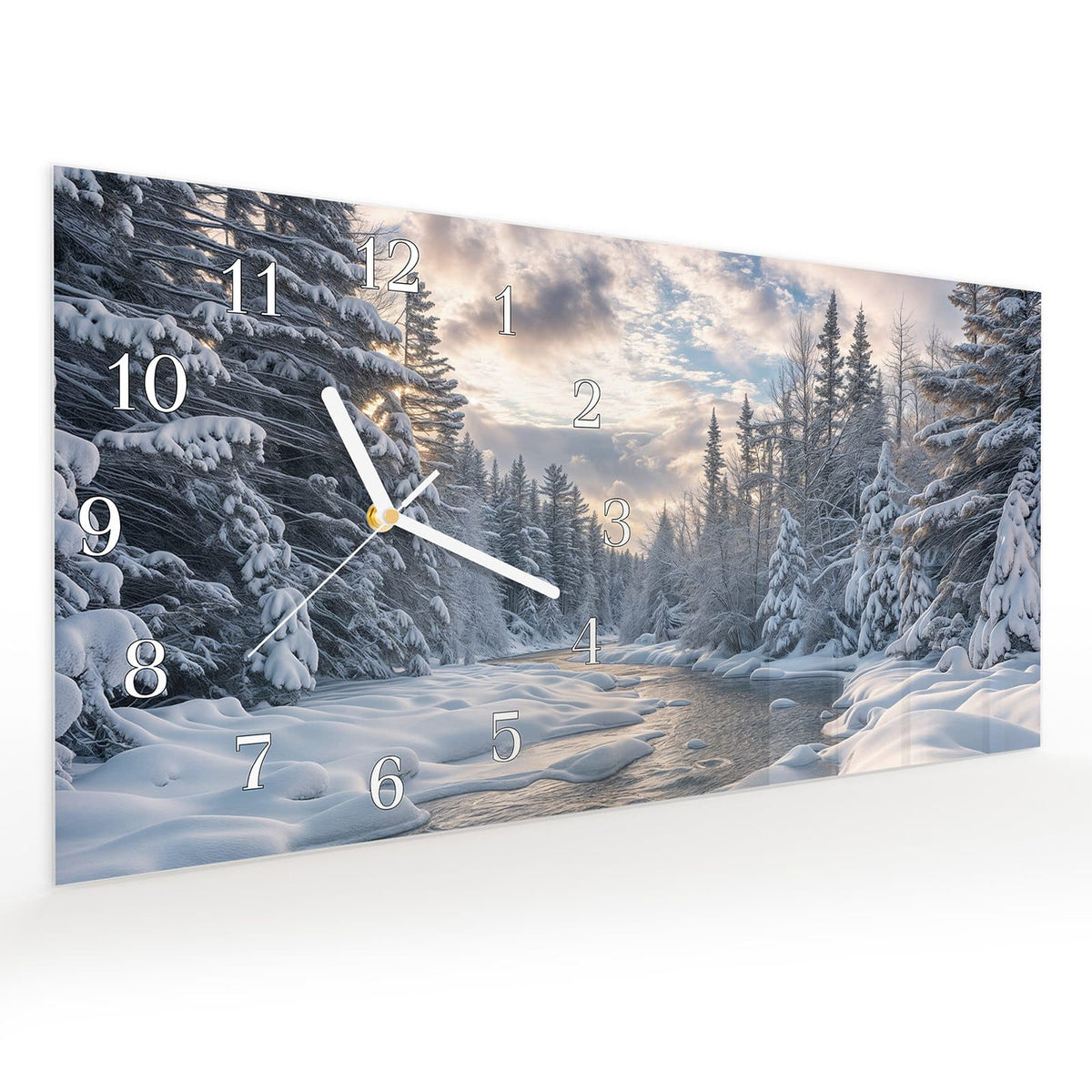 Vormontiert – mit Schwebeeffekt – Wanduhr Winterfluss aus Glas – Querformat 60 × 30 cm