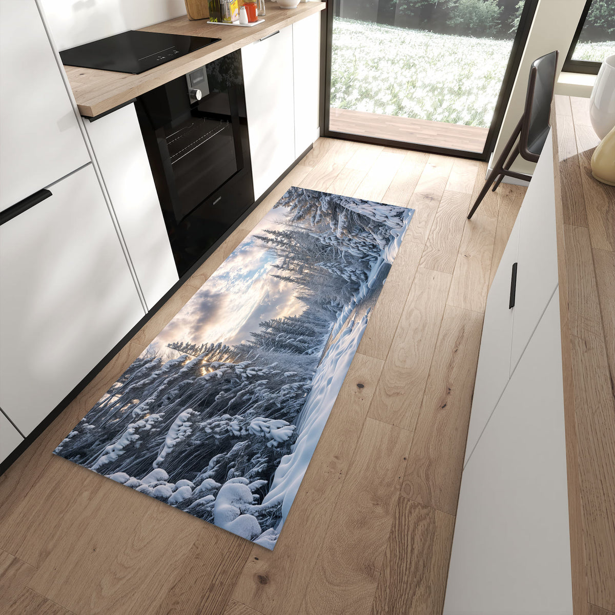Farbbeständiger Teppichläufer mit Motiv Winterfluss in moderner Küche