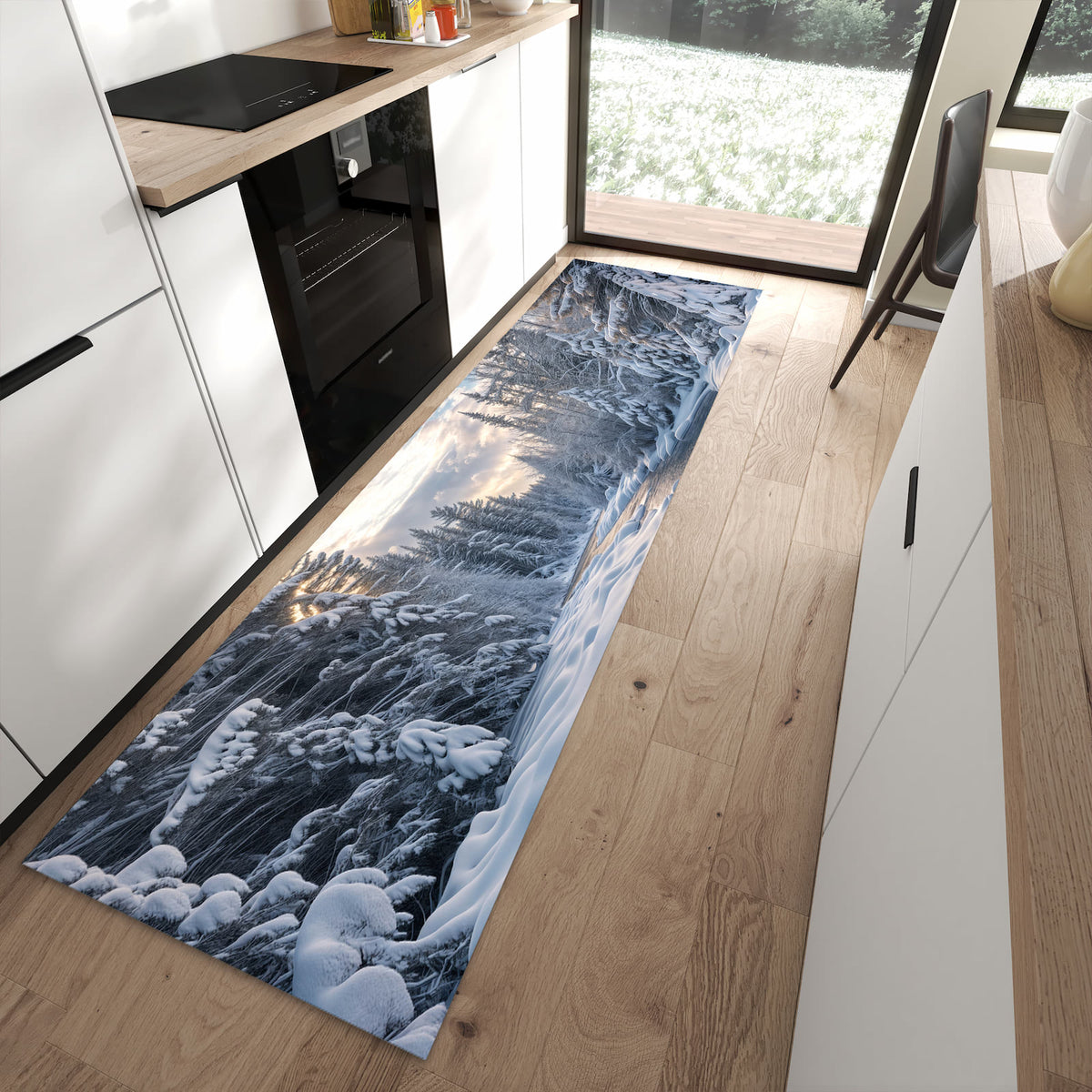 Waschbarer Küchenläufer mit Motiv Winterfluss in moderner Küche für sichere Aufbewahrung