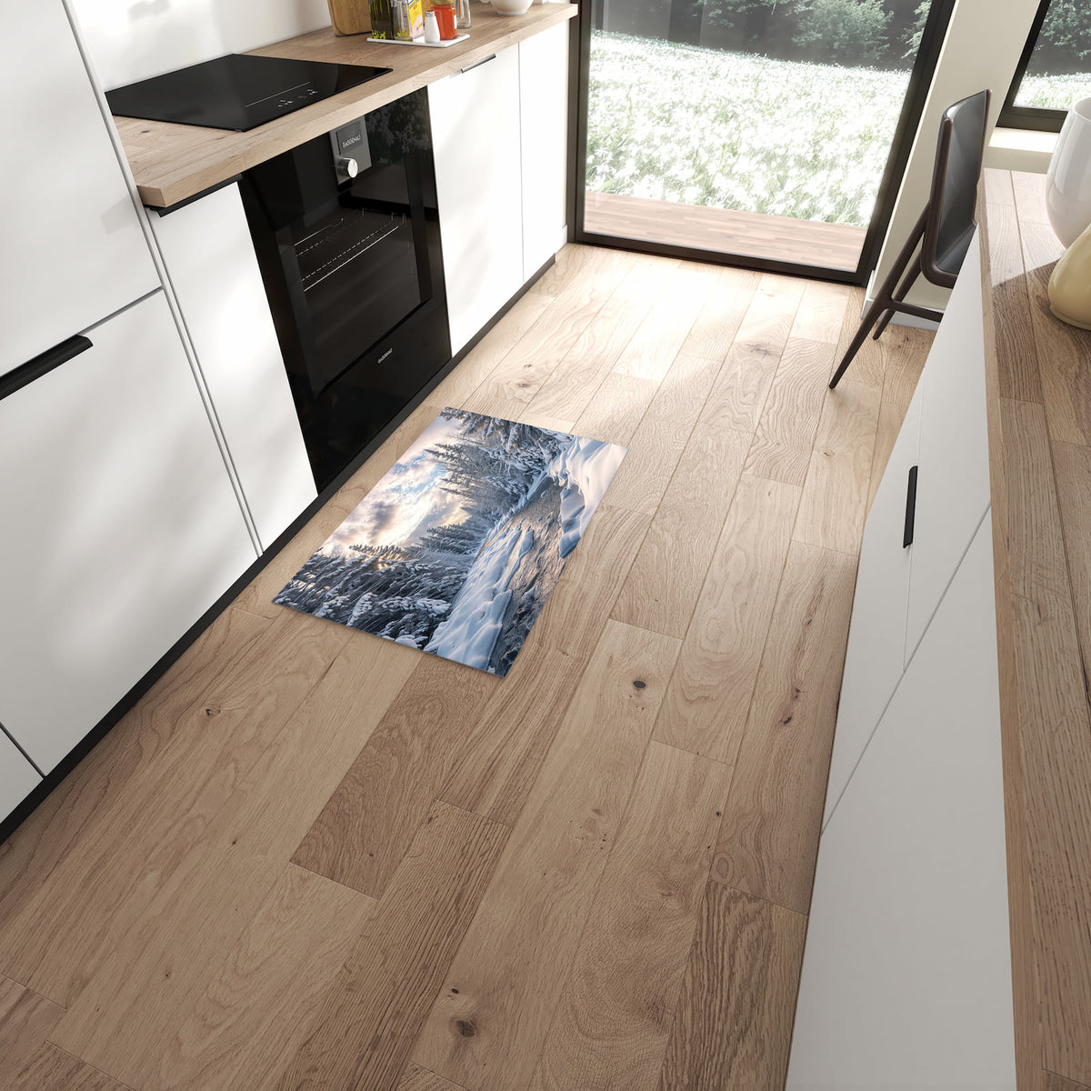Bodenschonender Küchenläufer mit Motiv Winterfluss in moderner Küche