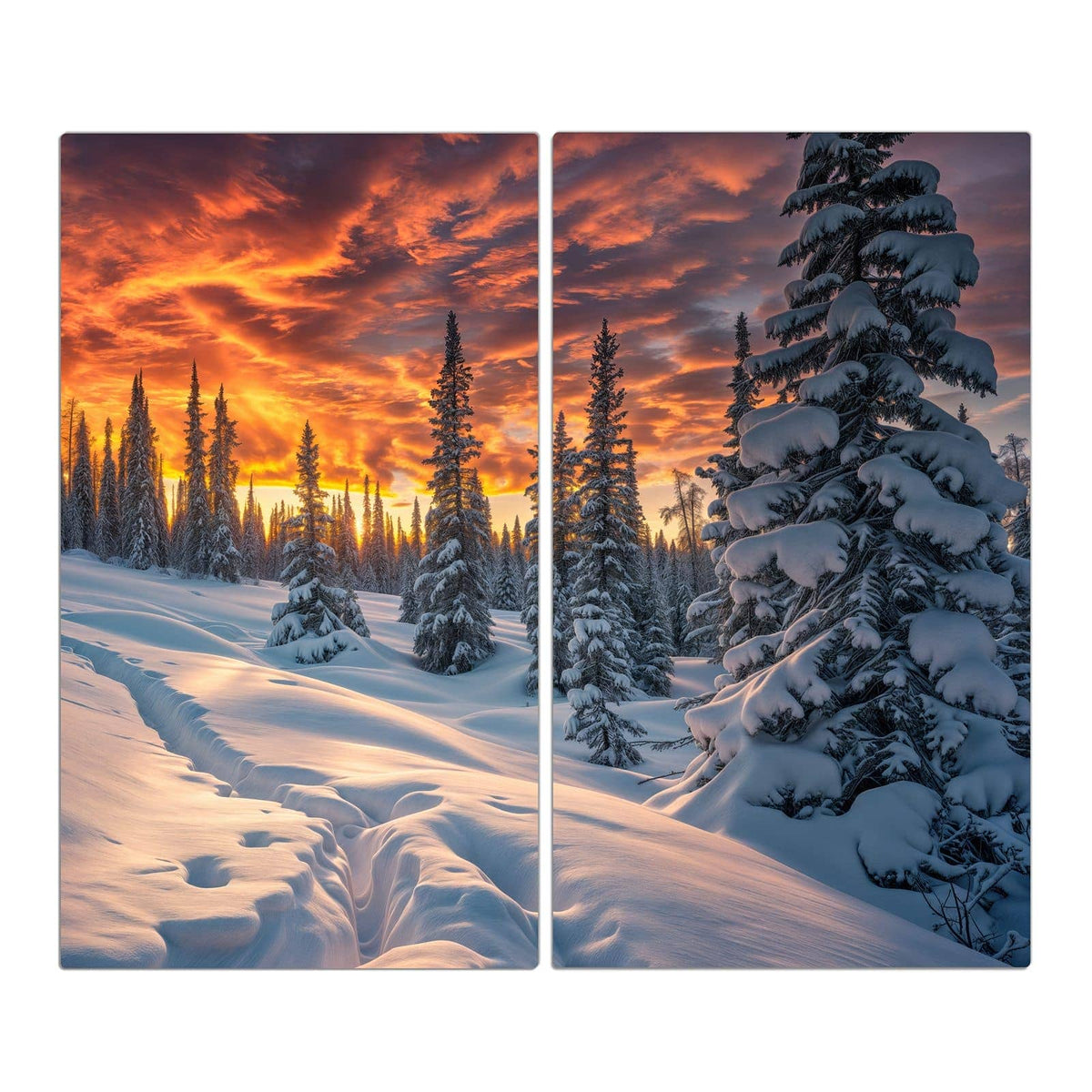 Verschneiter Nadelwald mit tiefen Schneewehen unter feurig rot-orangem Abendhimmel
