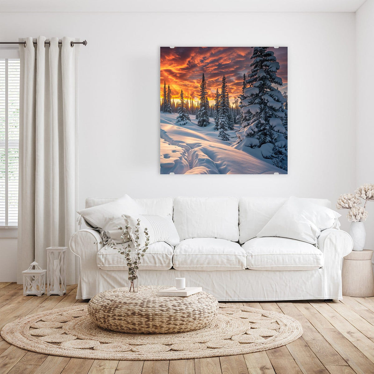 Glasbild Schneewehen im Abendrot an der Wand – Verschneiter Nadelwald mit tiefen Schneewehen unter feurig rot-orangem Abendhimmel