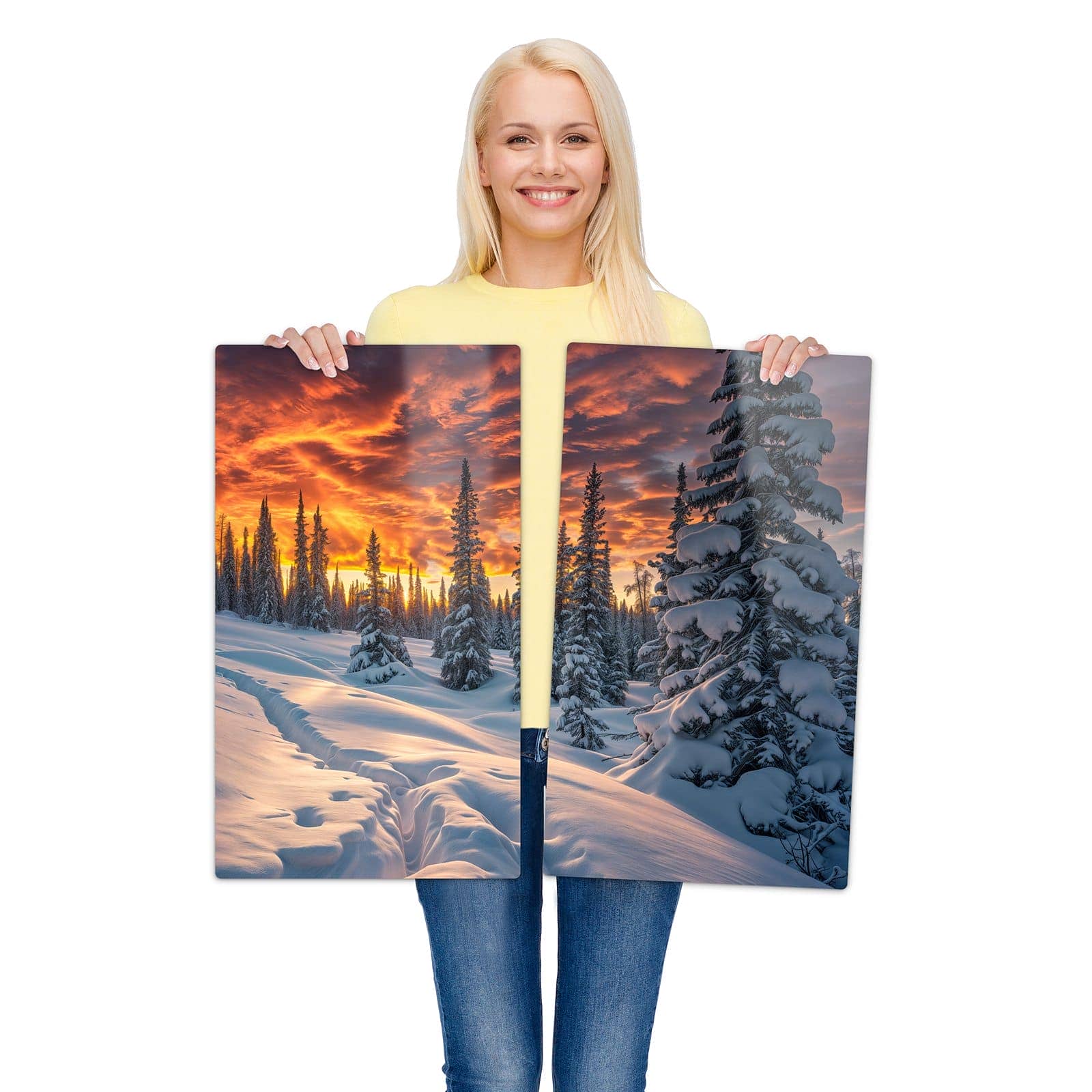 2-teilige Ceranfeld-Abdeckungen mit Winter Sonnenuntergang-Motiv werden zur Größendarstellung gehalten