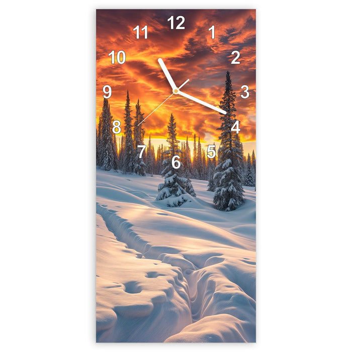 Wanduhr Winter Sonnenuntergang aus Glas – Hochformat 30 × 60 cm mit Ziffernblatt Modern