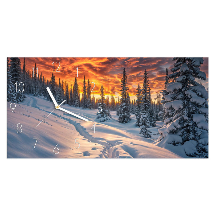 Wanduhr Winter Sonnenuntergang aus Glas – Querformat 60 × 30 cm mit Ziffernblatt Elegant