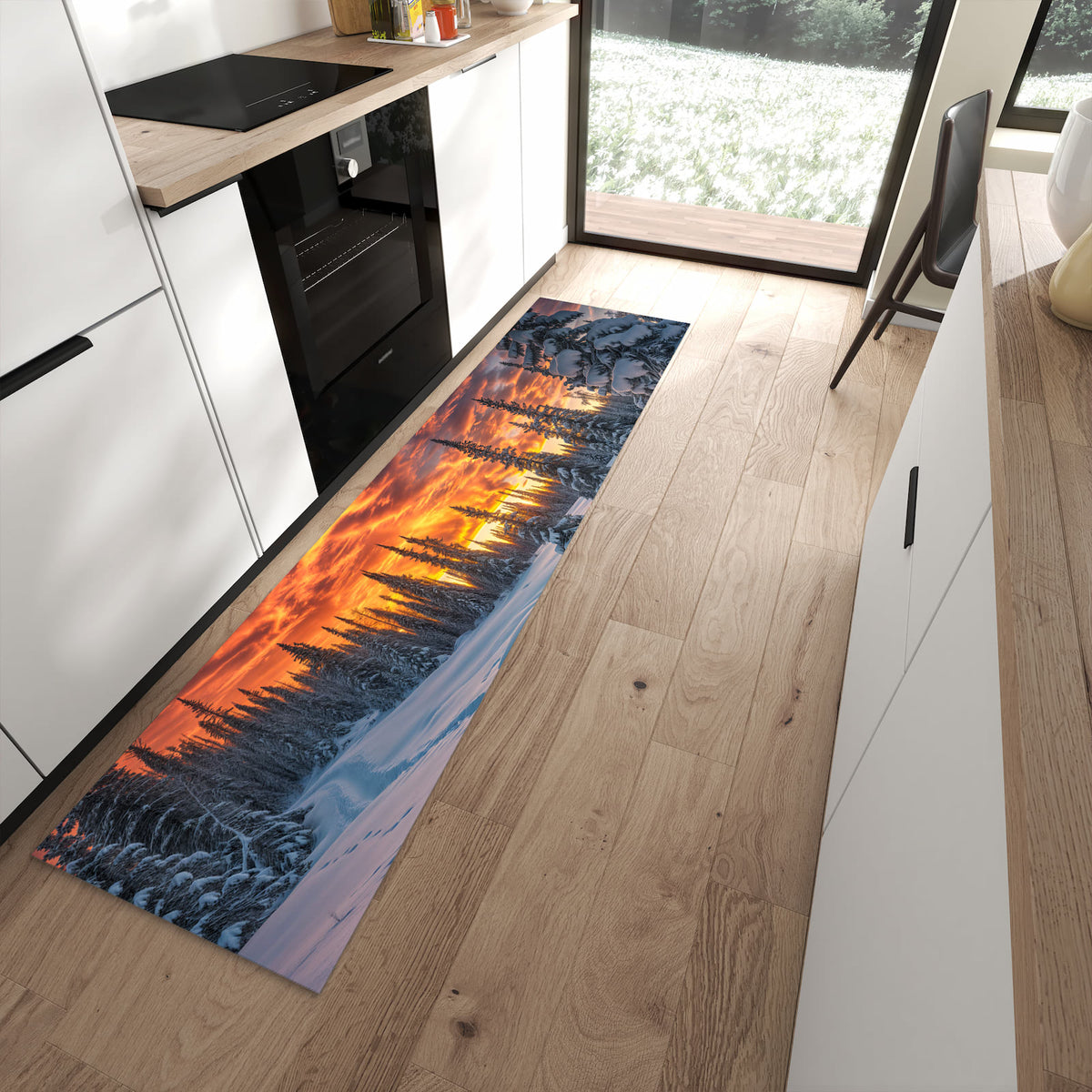 Geruchsneutraler abwaschbarer Küchenteppich mit Motiv Winter Sonnenuntergang in moderner Küche