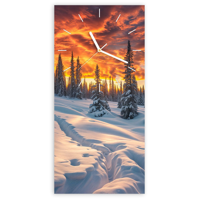 Wanduhr Winter Sonnenuntergang aus Glas – Hochformat 30 × 60 cm mit Ziffernblatt Linie
