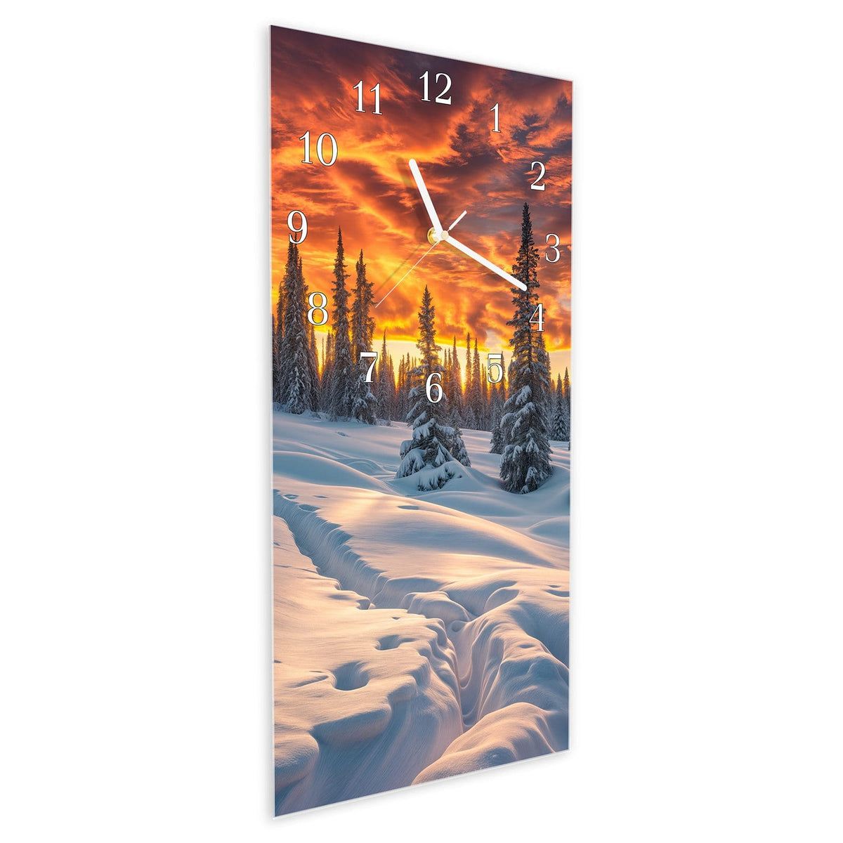 Vormontiert – mit Schwebeeffekt – Wanduhr Winter Sonnenuntergang aus Glas – Hochformat 30 × 60 cm
