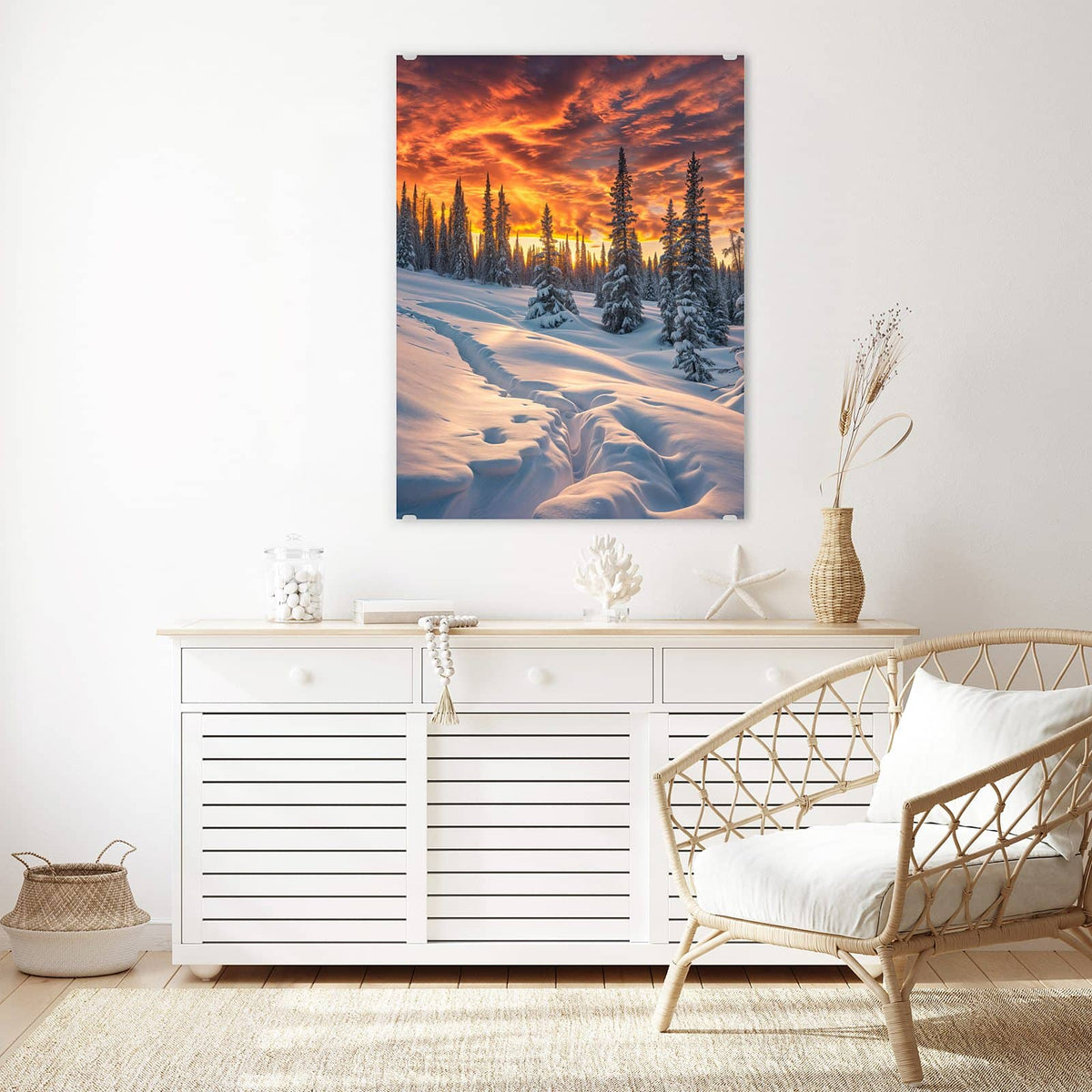 Aufhängung liegt bei – Motiv später wechselbar – Wandbild - Schneewehen im Abendrot - Hochformat
