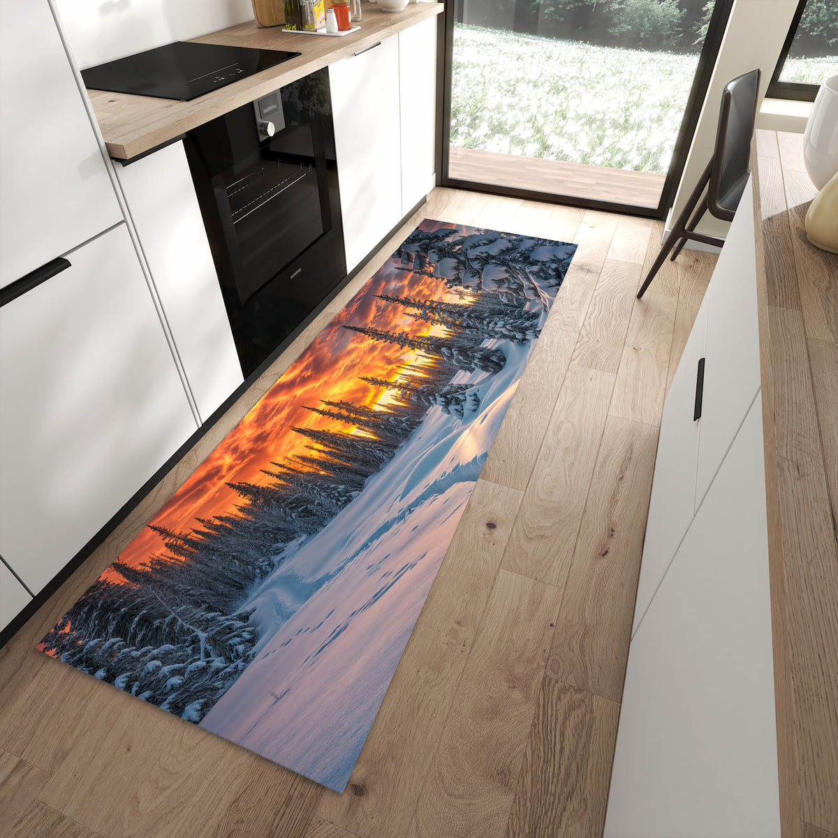 Rutschfester Küchenteppich mit Motiv Winter Sonnenuntergang in moderner Küche