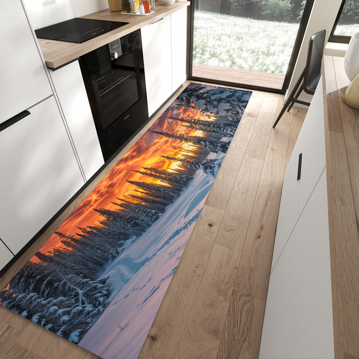 Küchenteppich mit Motiv Winter Sonnenuntergang für angenehme Haptik in moderner Küche