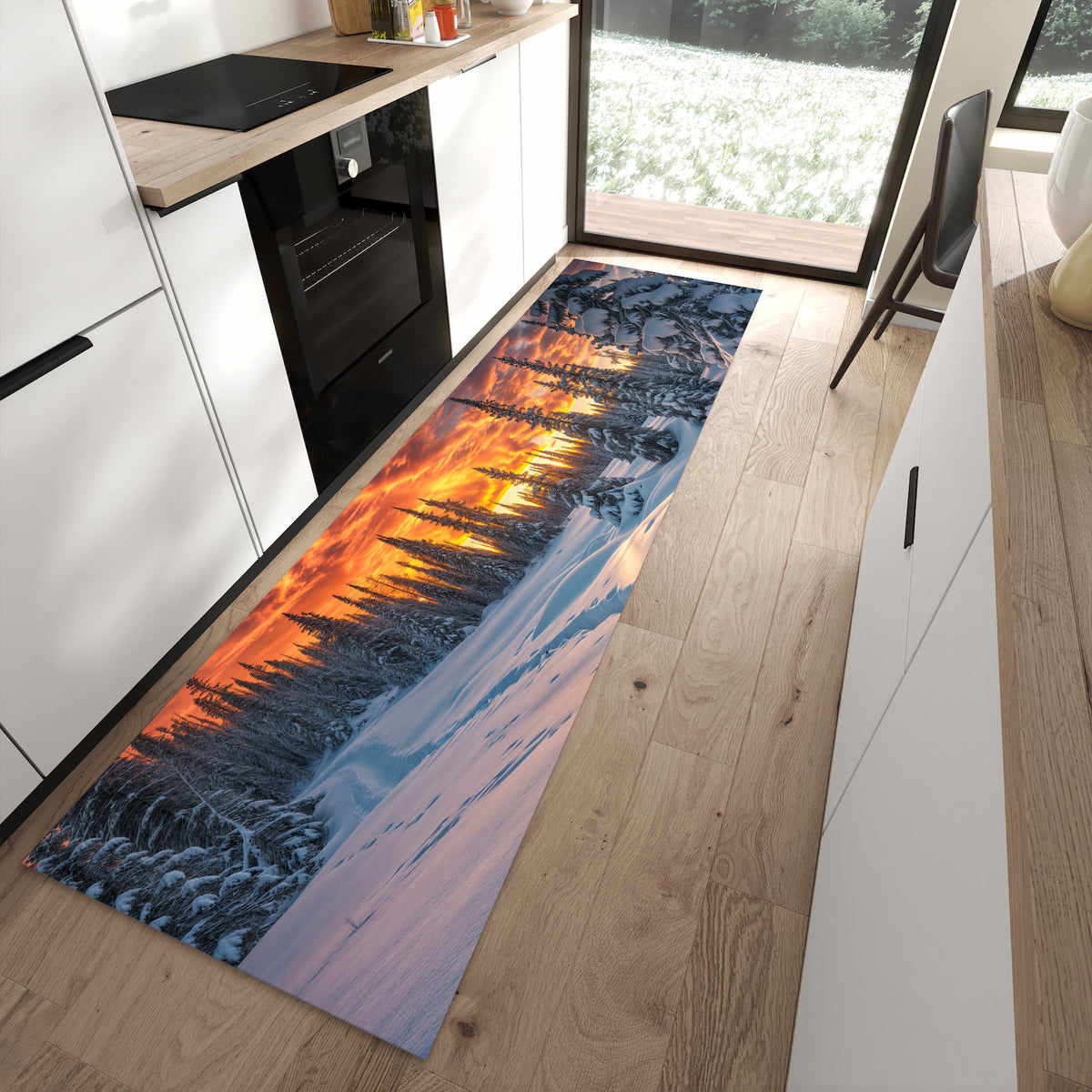 Pflegeleichter Küchenteppich mit Motiv Winter Sonnenuntergang in moderner Küche