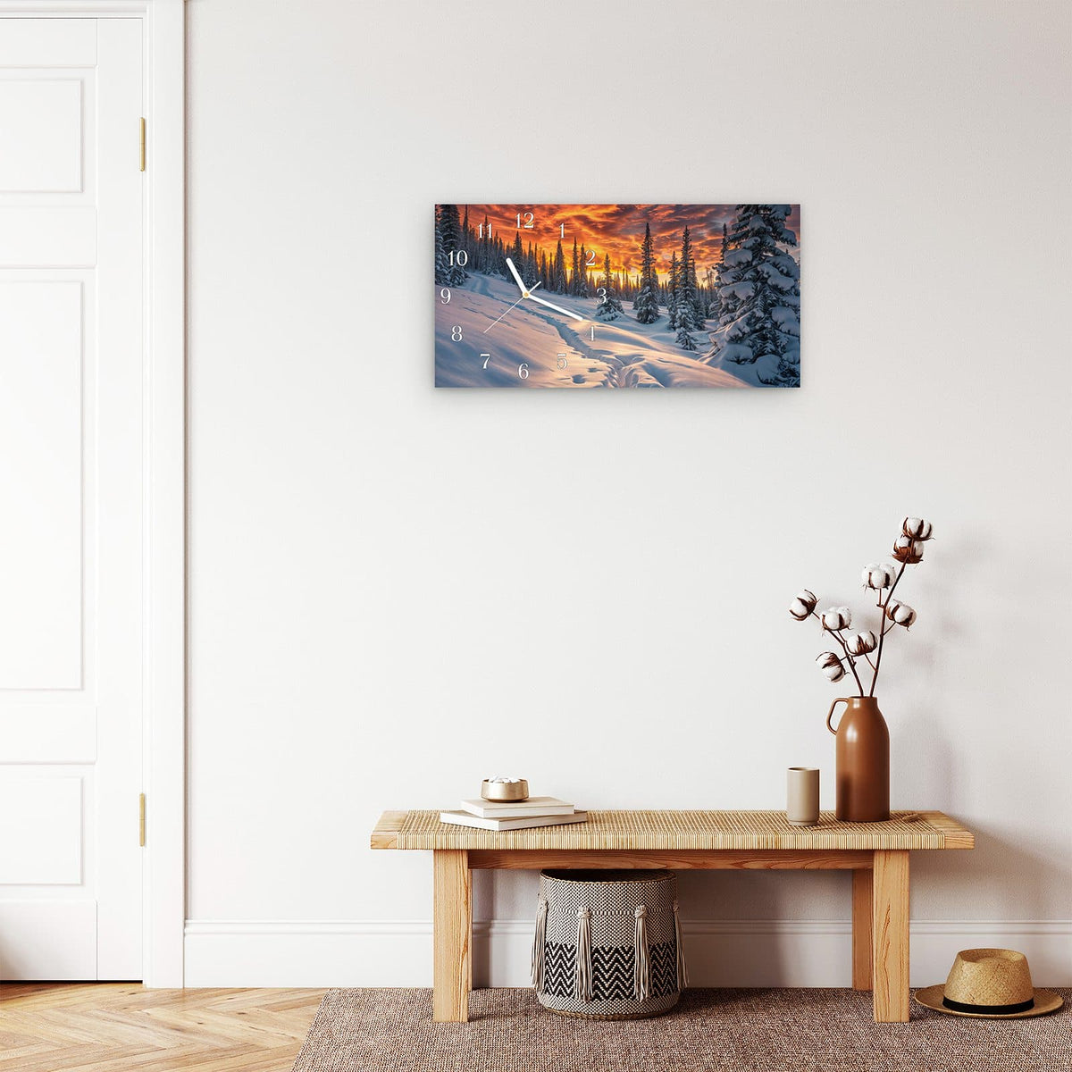 Moderne Wanduhr aus Glas mit Farbtiefe – Wanduhr Winter Sonnenuntergang aus Glas – Querformat 60 × 30 cm