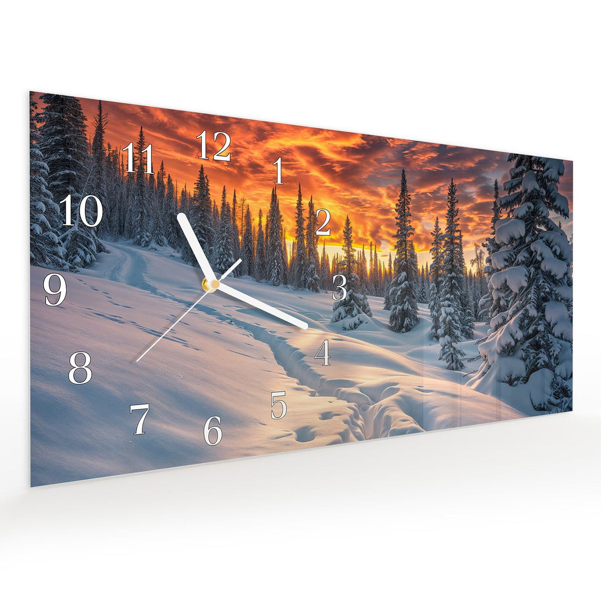 Vormontiert – mit Schwebeeffekt – Wanduhr Winter Sonnenuntergang aus Glas – Querformat 60 × 30 cm