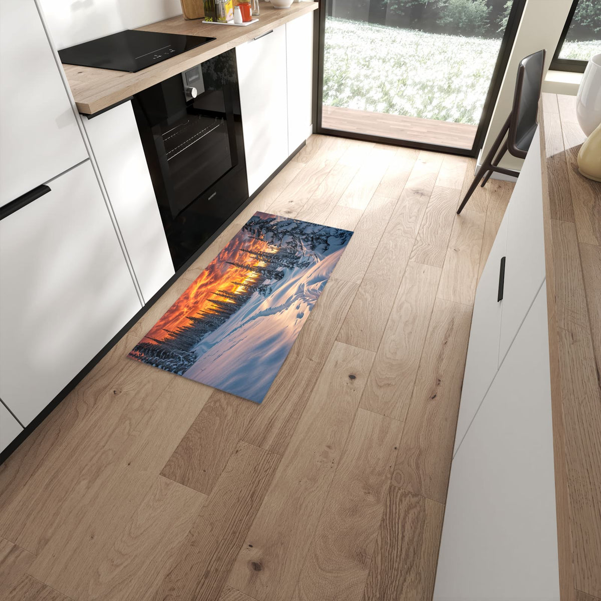 Wasserabweisender Küchenläufer mit Motiv Winter Sonnenuntergang in moderner Küche #grösse_60 x 120 cm
