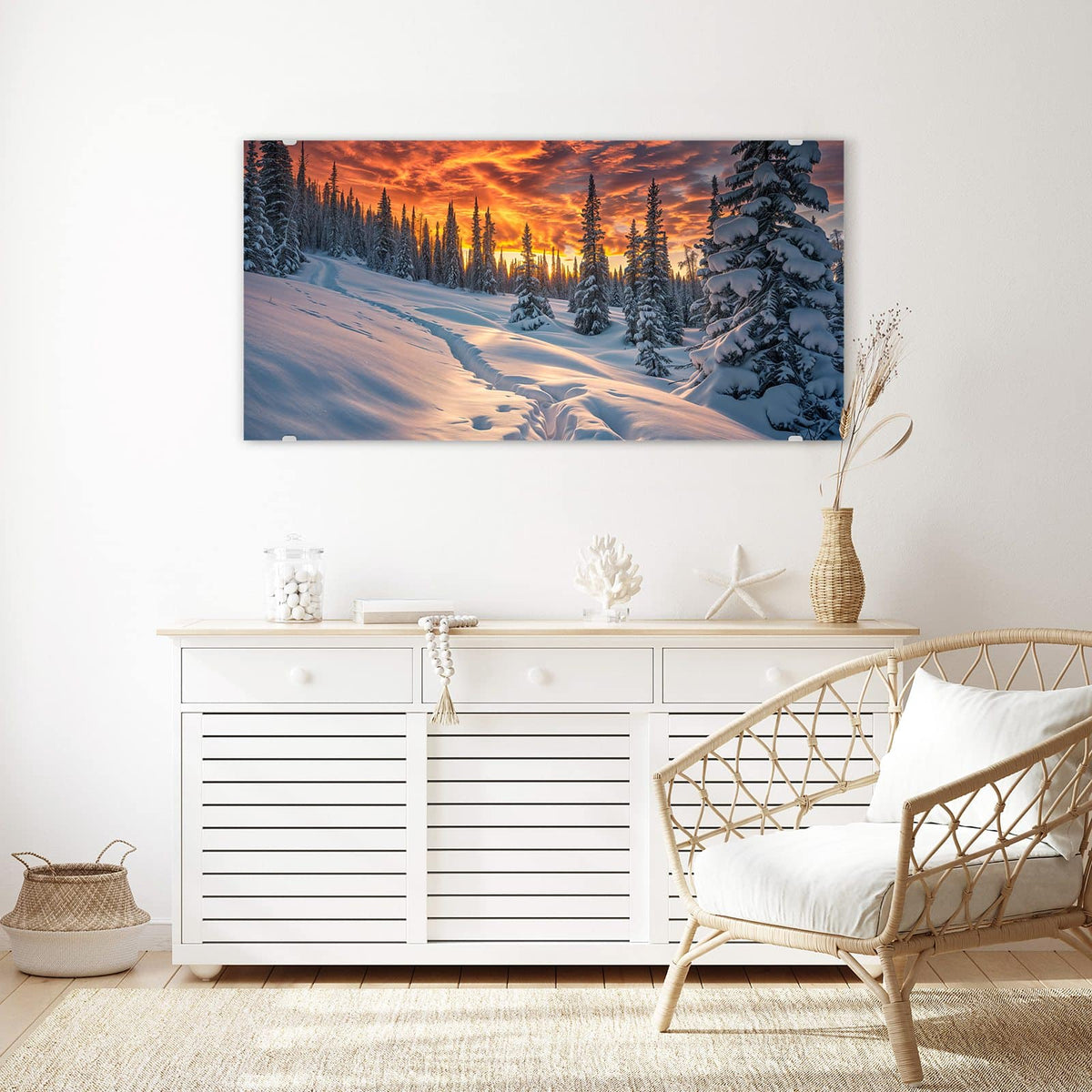 Echtglas, 4 mm – kein Acryl, keine Folie – Wandbild - Schneewehen im Abendrot - Querformat