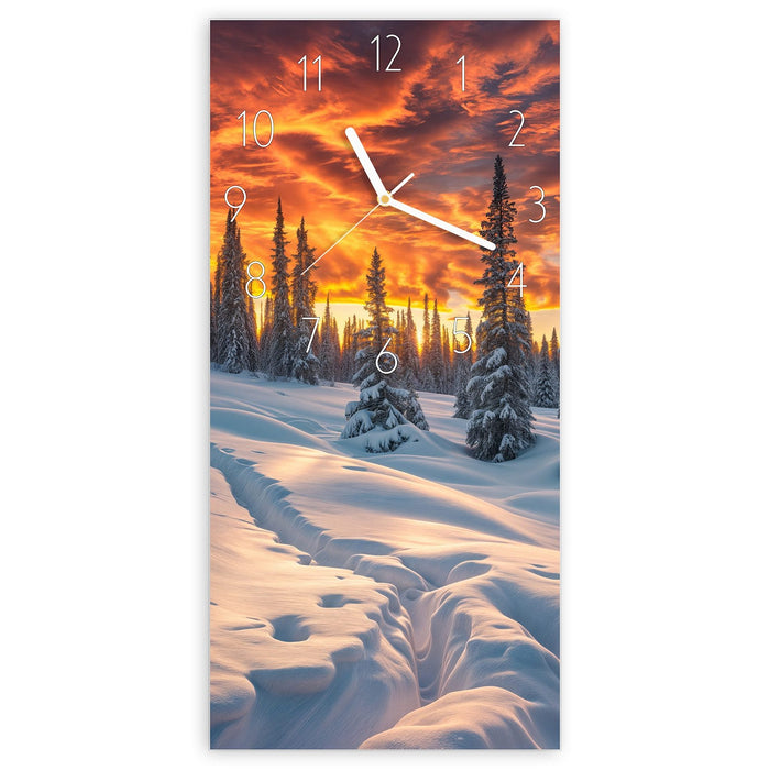Wanduhr Winter Sonnenuntergang aus Glas – Hochformat 30 × 60 cm mit Ziffernblatt Elegant