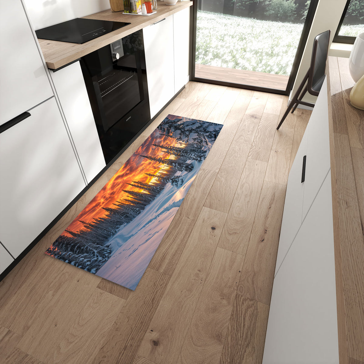 Schmutzabweisender Küchenläufer mit Motiv Winter Sonnenuntergang in moderner Küche