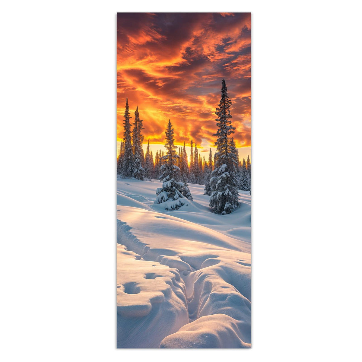 Wandbild - Schneewehen im Abendrot - Hochformat – Schneewehen unter glühendem Abendhimmel