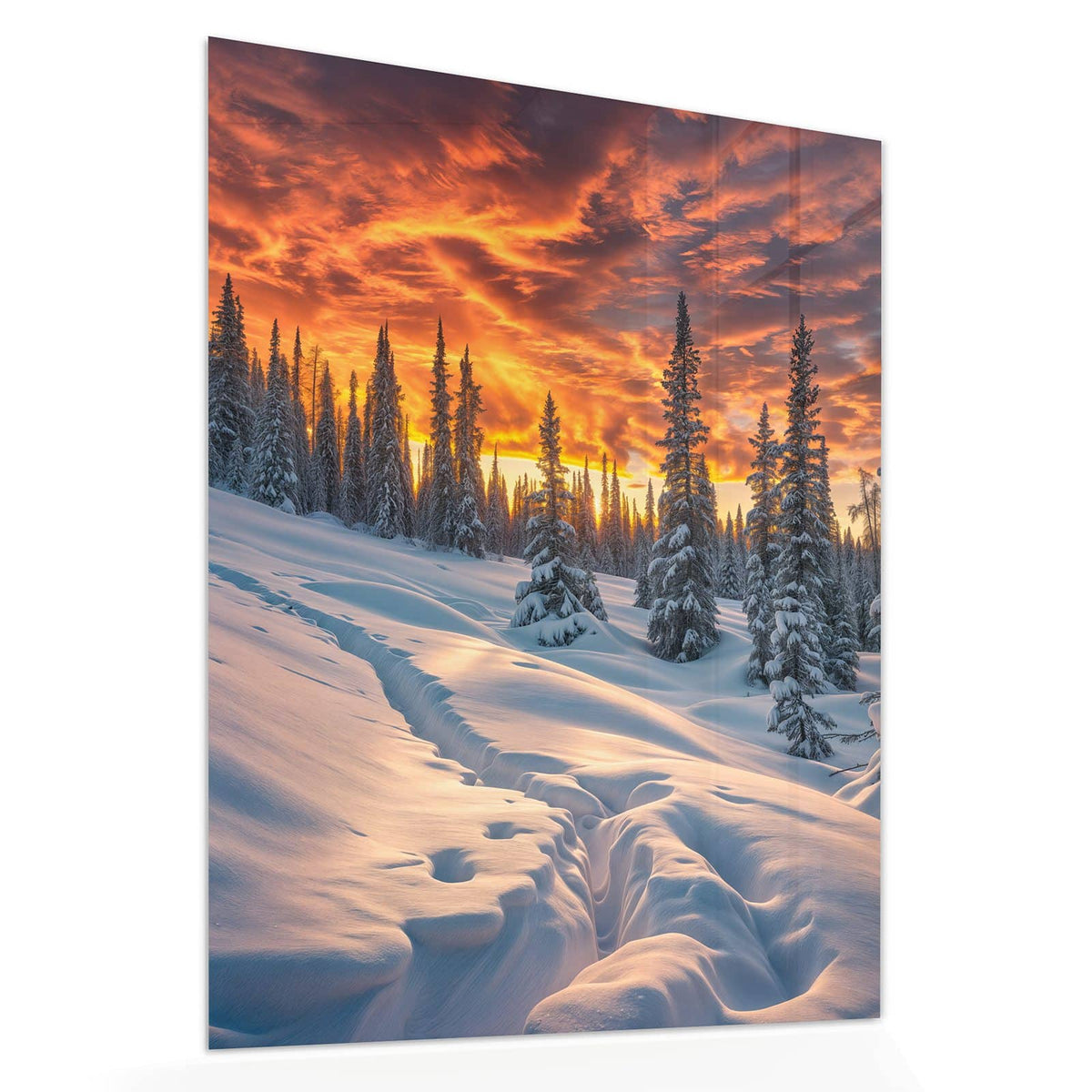 Echtglas, 4 mm – kein Acryl, keine Folie – Wandbild - Schneewehen im Abendrot - Hochformat
