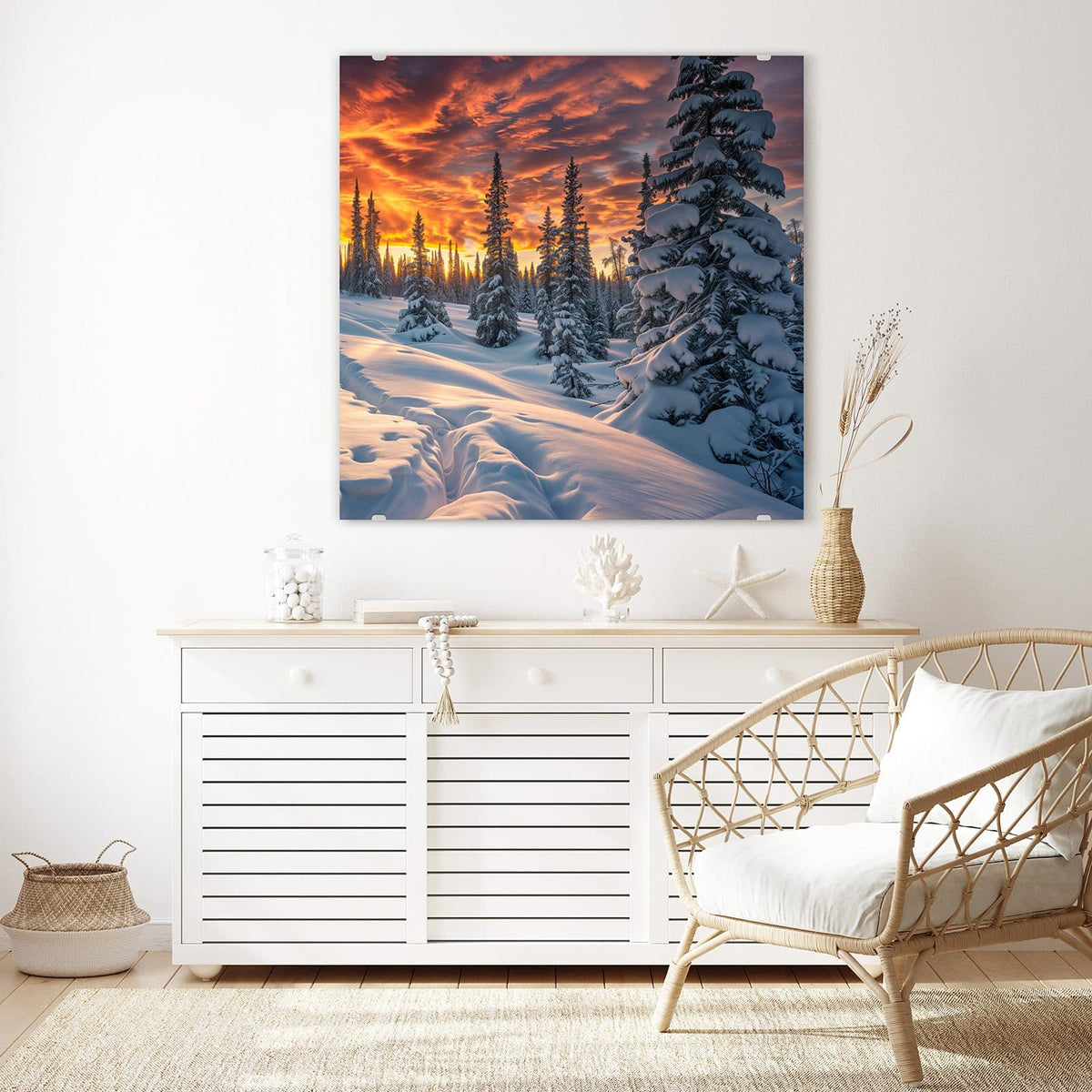 Echtglas, 4 mm – kein Acryl, keine Folie – Wandbild - Schneewehen im Abendrot - Quadratisch