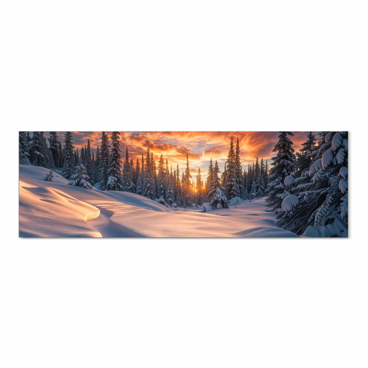 Langlebiger waschbarer Küchenteppich mit Motiv Winterlandschaft Sonne in Frontansicht