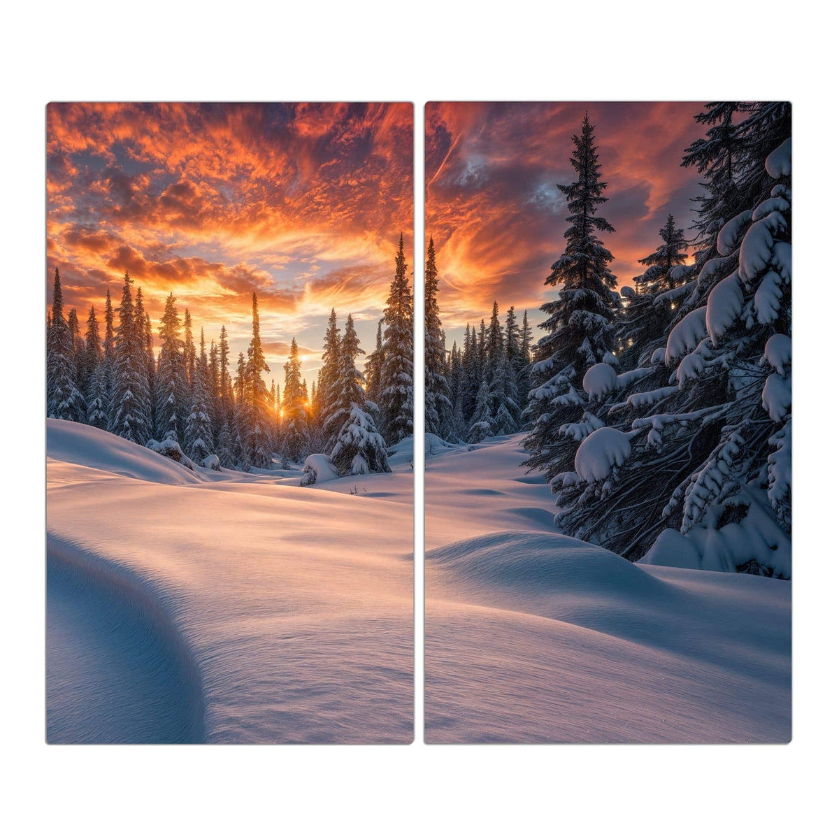 verschneite Hügel und Tannen unter feuerrot-orangem Wolkenhimmel