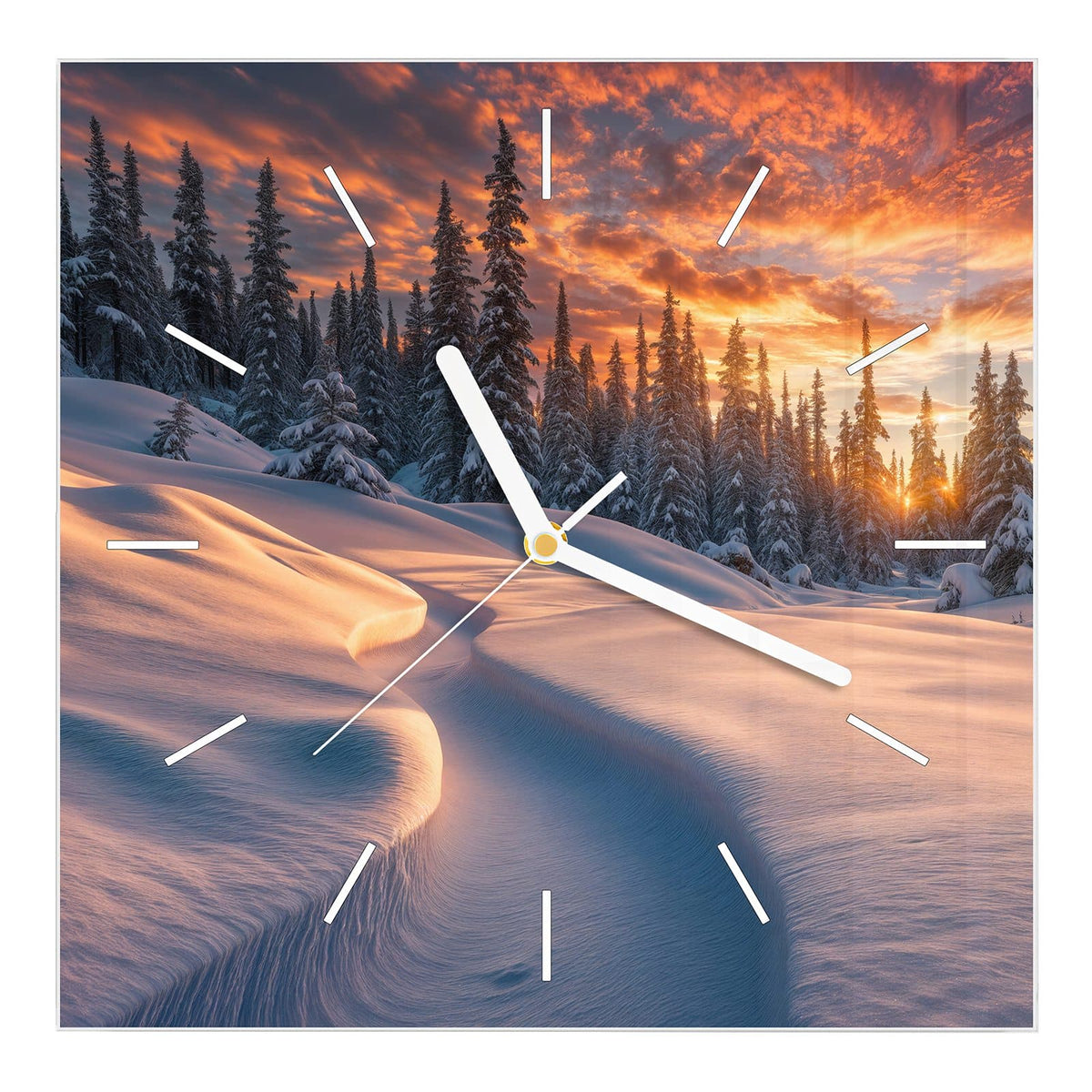 Wanduhr aus Glas, Ziffernblatt Linie mit Motiv Roter Himmel über Schnee: Verschneite Hügel und Tannen unter feuerrot-orangem Wolkenhimmel