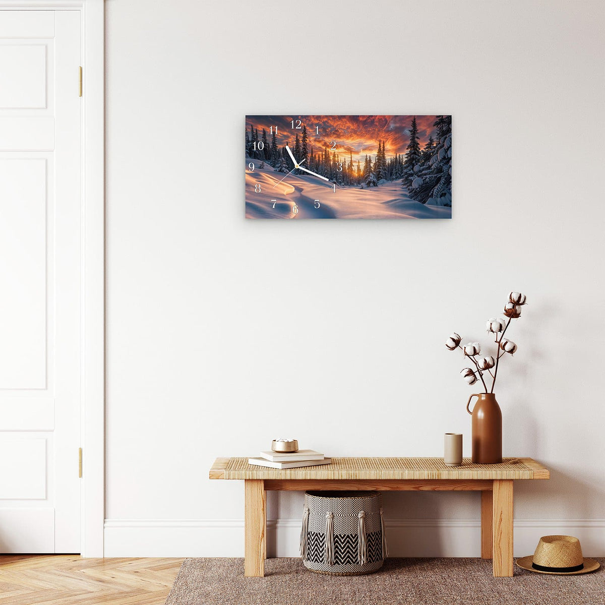Moderne Wanduhr aus Glas mit Farbtiefe – Wanduhr Winterlandschaft Sonne aus Glas – Querformat 60 × 30 cm