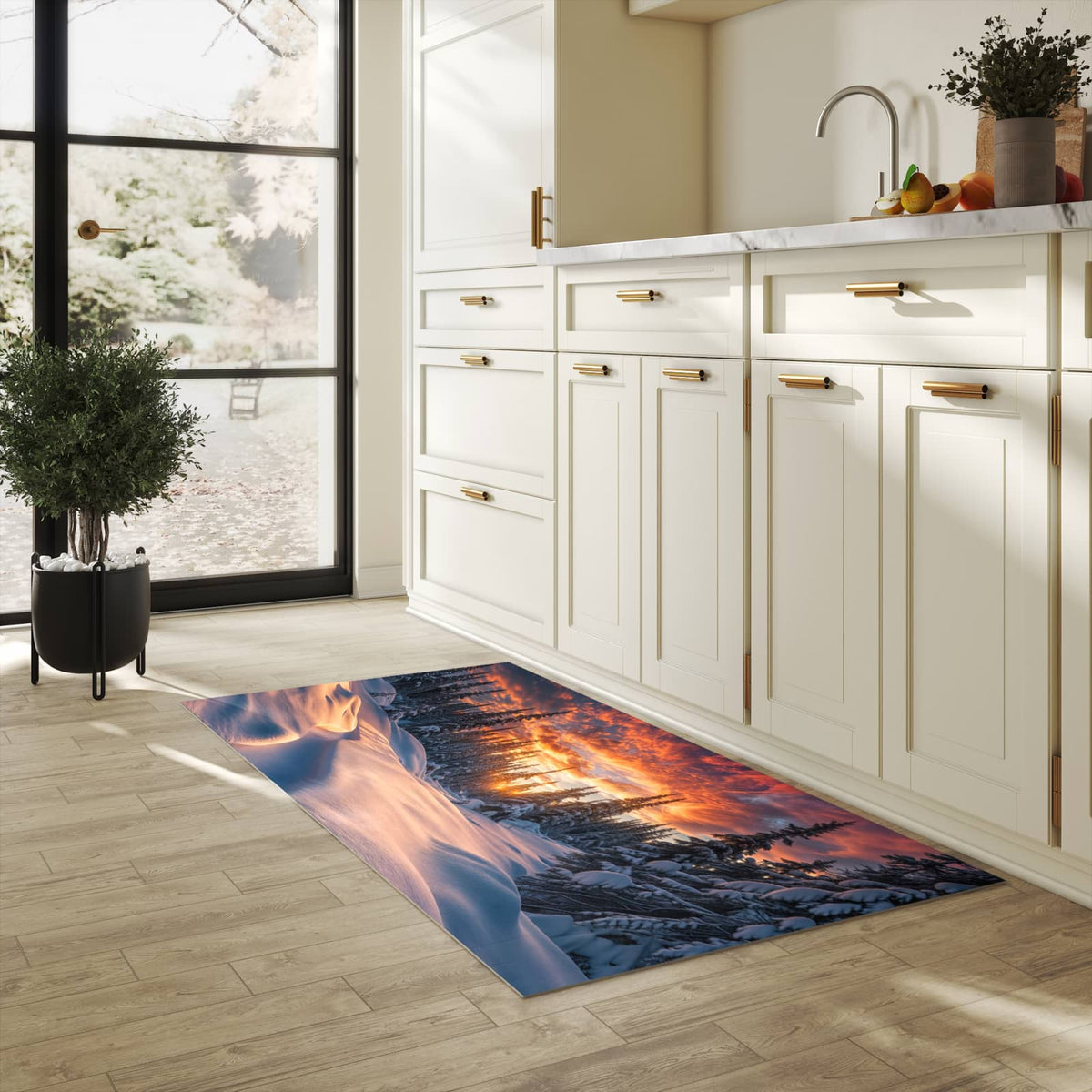 Rutschfester dünner Küchenteppich mit Motiv Winterlandschaft Sonne in heller Küche