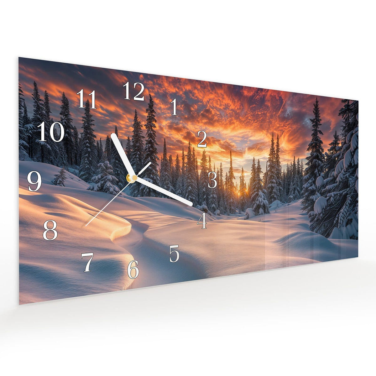 Vormontiert – mit Schwebeeffekt – Wanduhr Winterlandschaft Sonne aus Glas – Querformat 60 × 30 cm