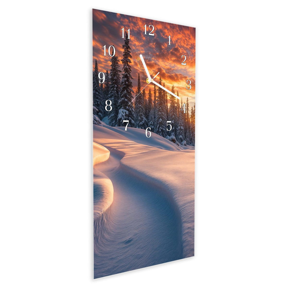Vormontiert – mit Schwebeeffekt – Wanduhr Winterlandschaft Sonne aus Glas – Hochformat 30 × 60 cm