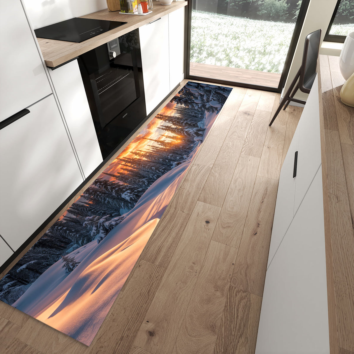Farbbeständiger waschbarer Küchenläufer mit Motiv Winterlandschaft Sonne in moderner Küche