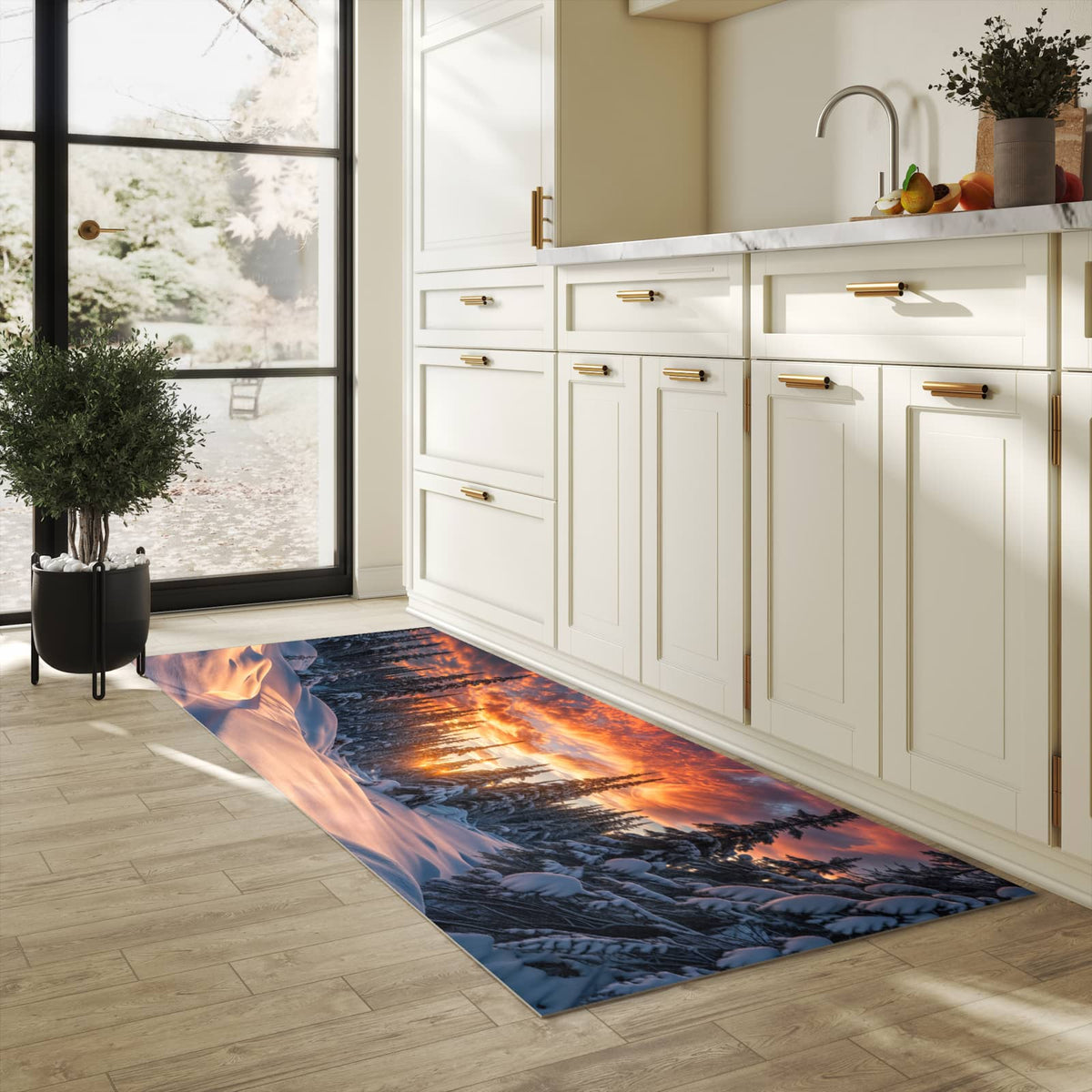 Waschbarer Teppich fürs Esszimmer mit Motiv Winterlandschaft Sonne in heller Küche