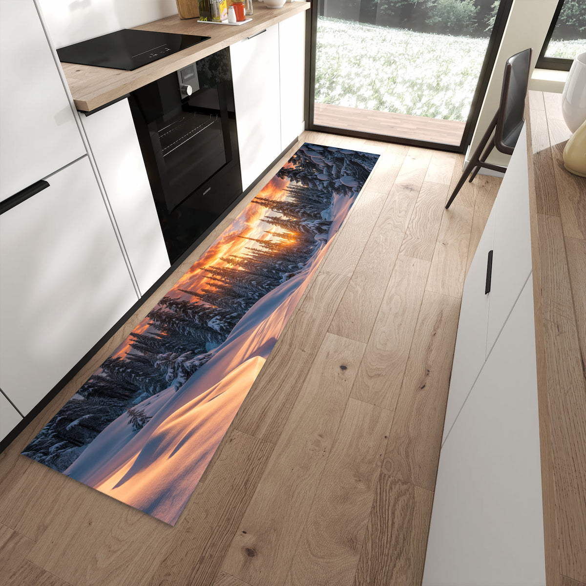Bodenschonender Küchenläufer mit Motiv Winterlandschaft Sonne in moderner Küche