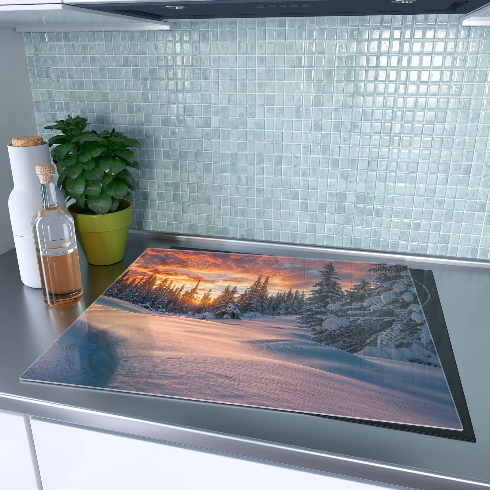 1-teilige Herd Schutzplatte mit Winterlandschaft Sonne-Motiv auf dem Ceranfeld