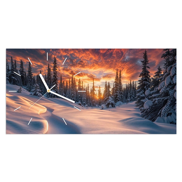 Wanduhr Winterlandschaft Sonne aus Glas – Querformat 60 × 30 cm mit Ziffernblatt Linie