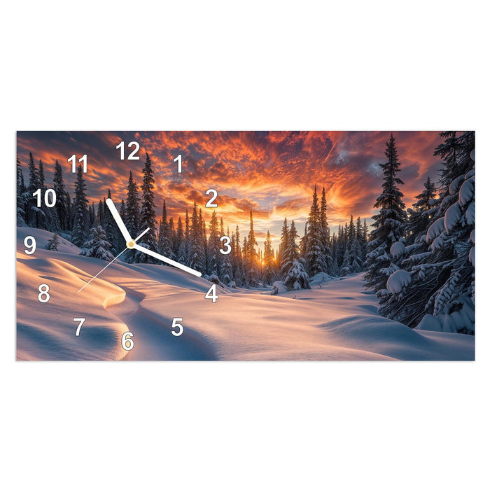 Wanduhr Winterlandschaft Sonne aus Glas – Querformat 60 × 30 cm mit Ziffernblatt Modern