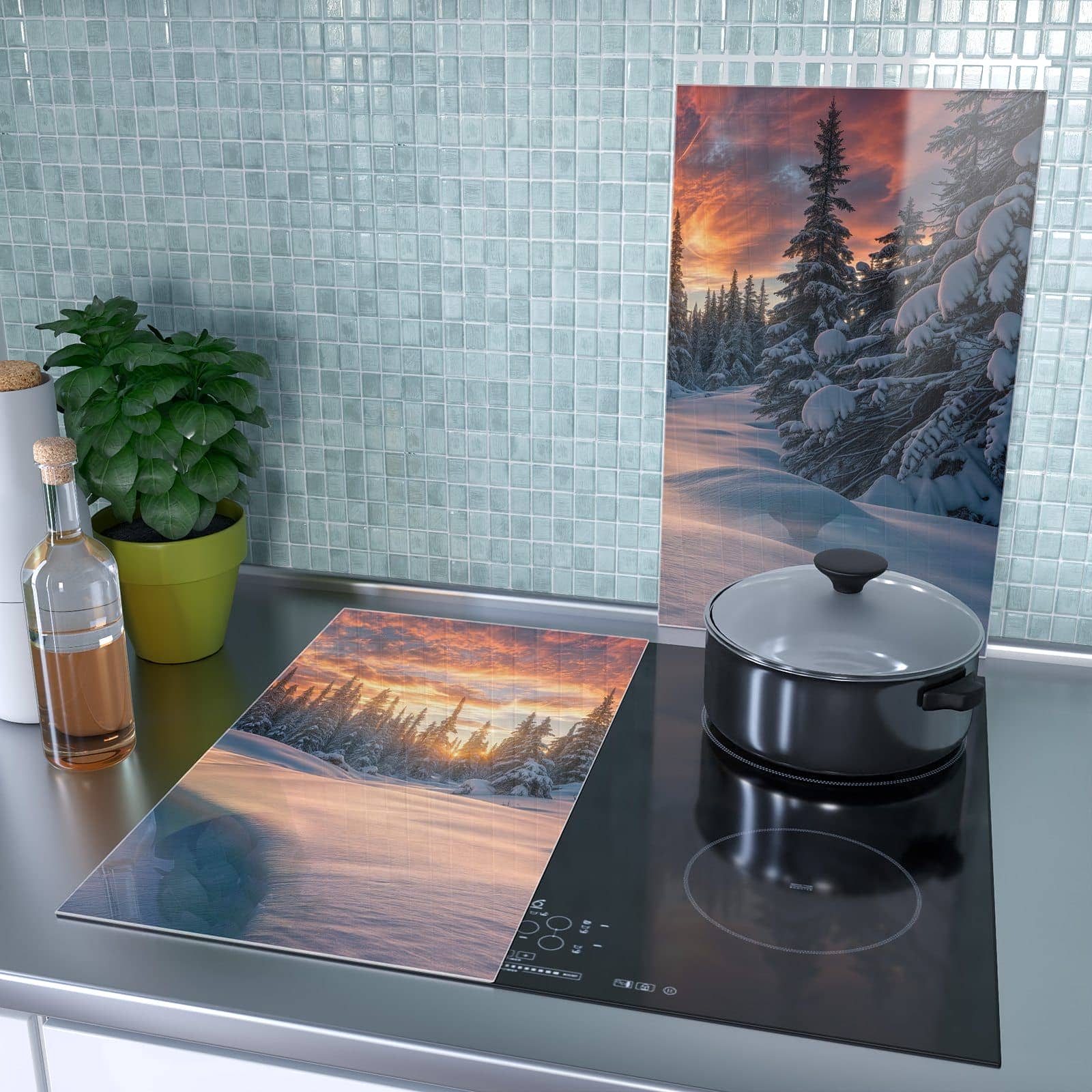 2-teilige Abdeckplatten für den Herd mit Winterlandschaft Sonne-Motiv als Spritzschutz hinter dem Kochfeld