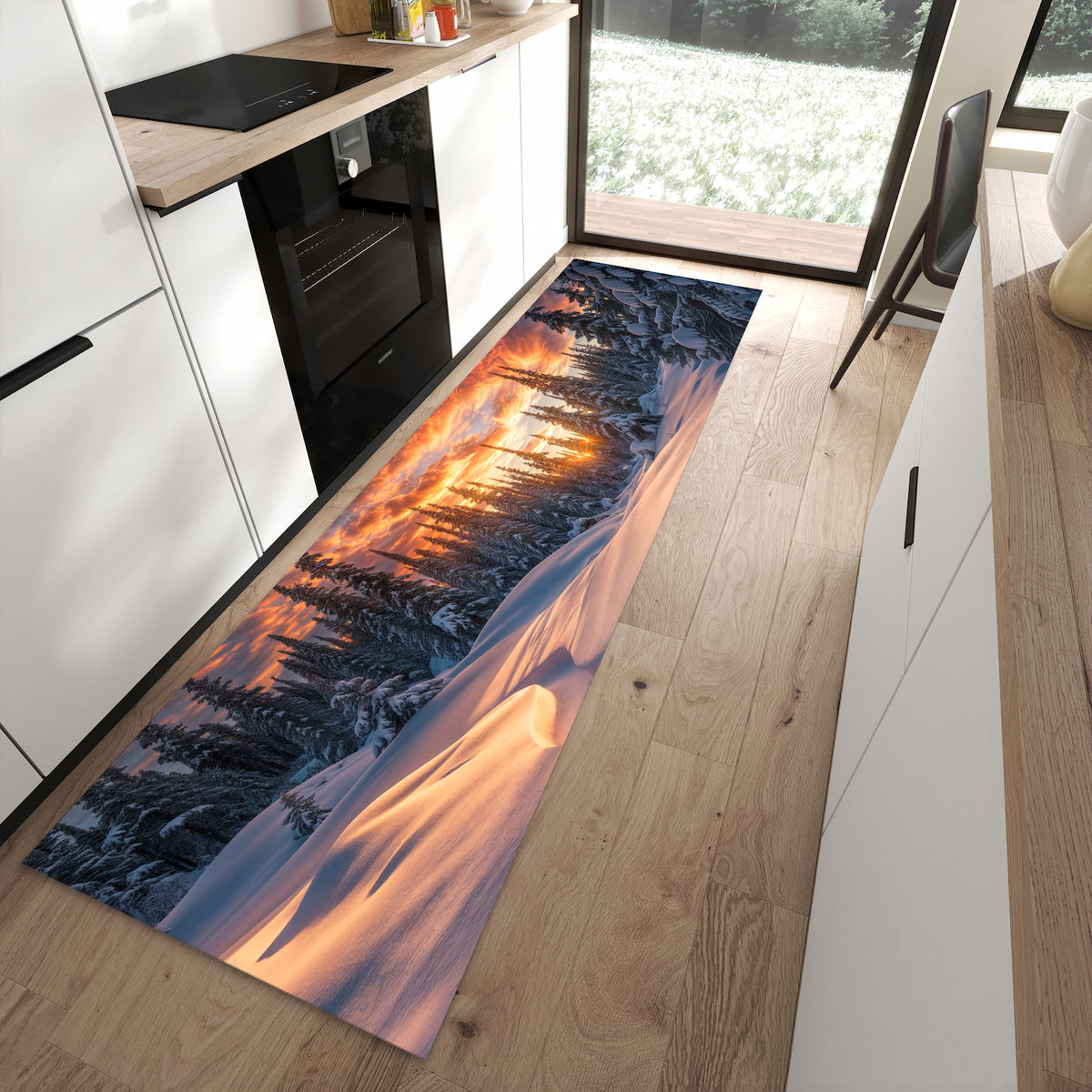 Geräuschdämpfender waschbarer Küchenläufer mit Motiv Winterlandschaft Sonne in moderner Küche