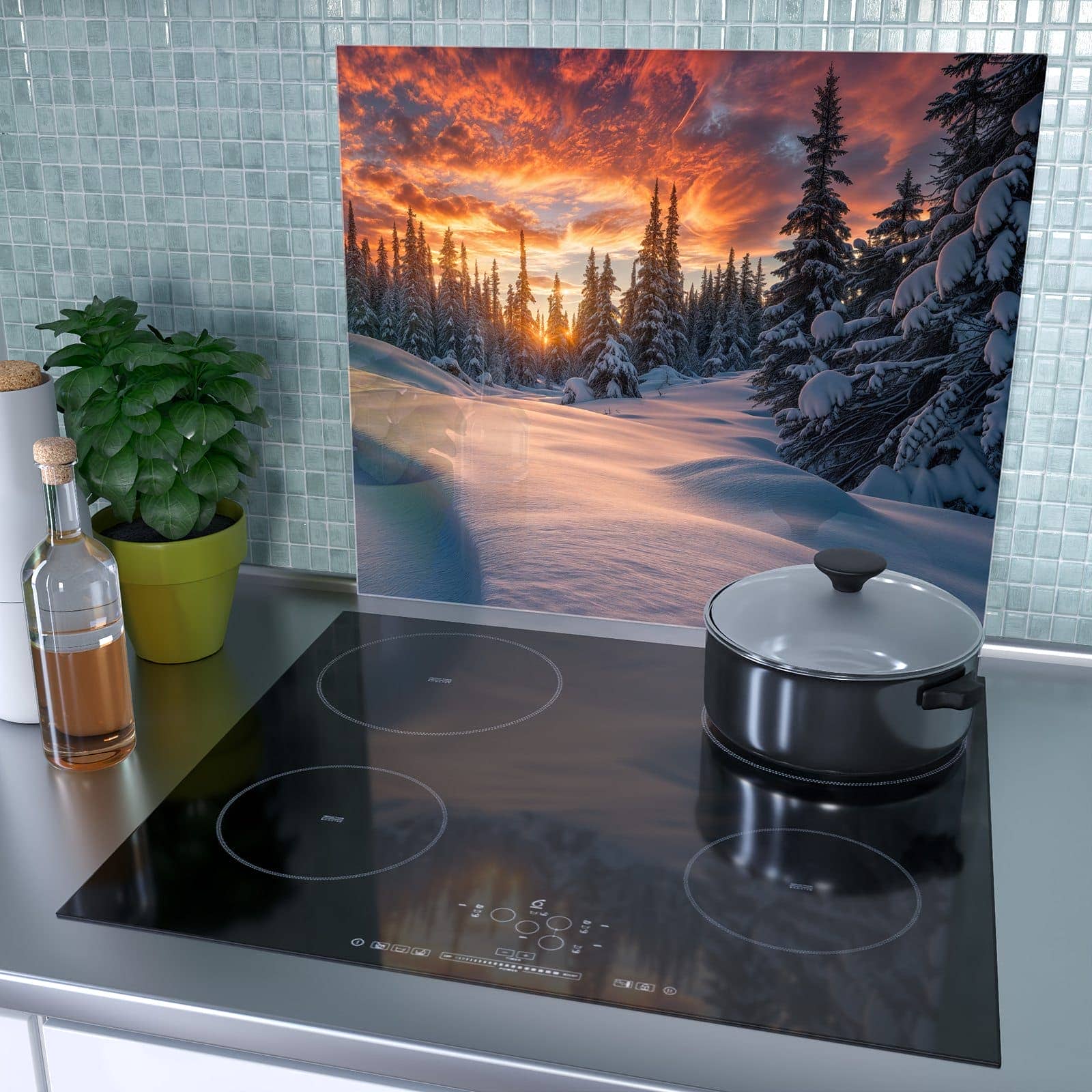 1-teilige Herdabdeckplatte mit Winterlandschaft Sonne-Motiv als Spritzschutz hinter dem Kochfeld