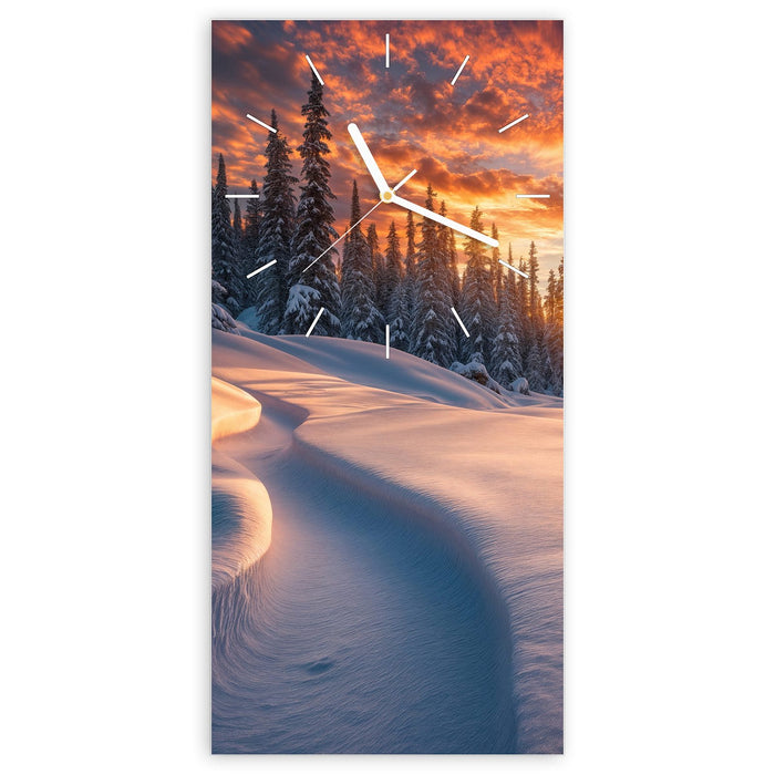 Wanduhr Winterlandschaft Sonne aus Glas – Hochformat 30 × 60 cm mit Ziffernblatt Linie