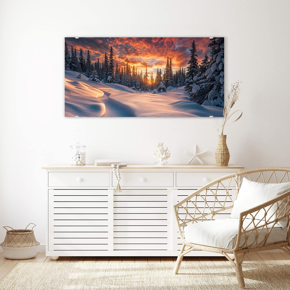 Echtglas, 4 mm – kein Acryl, keine Folie – Wandbild - Roter Himmel über Schnee - Querformat