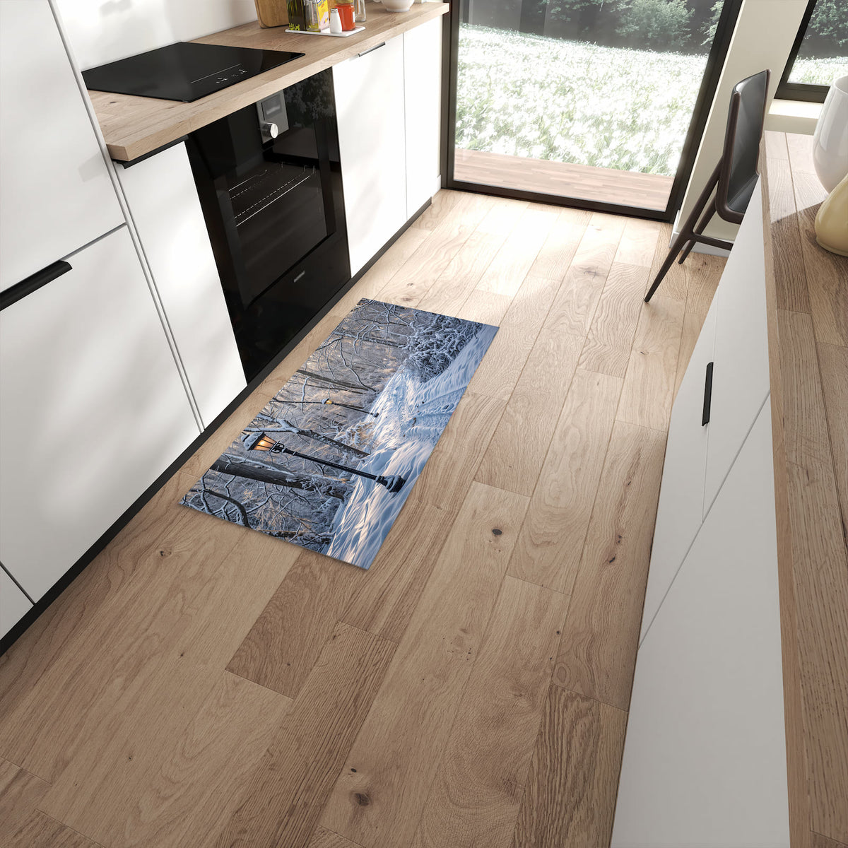 Wasserabweisender Teppich für die Küche mit Motiv Verschneiter Waldweg in moderner Küche #grösse_60 x 120 cm