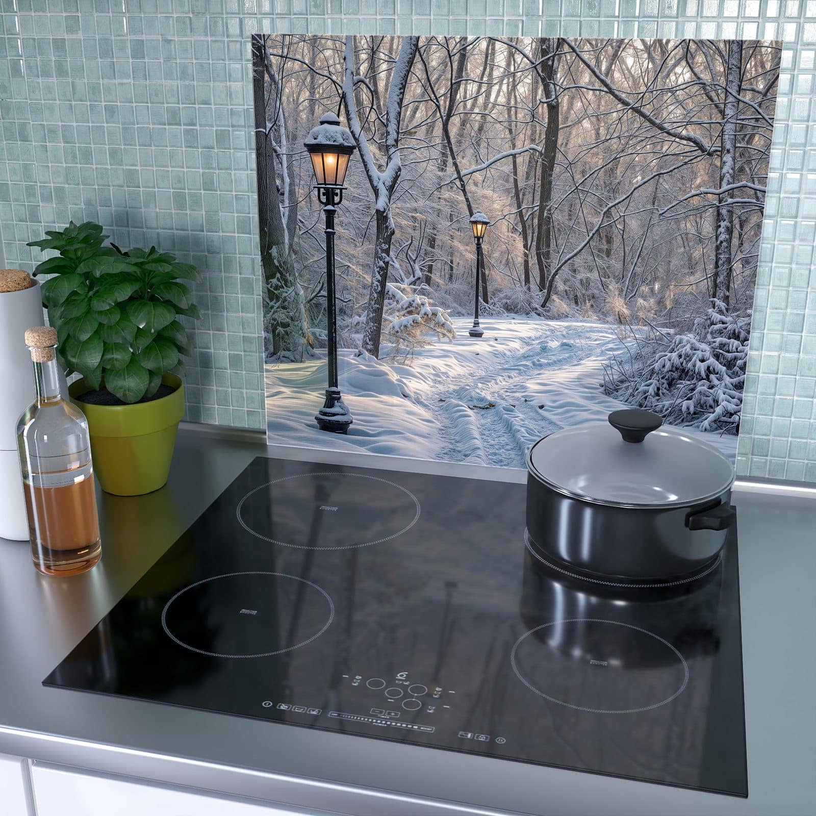 1-teilige Herdabdeckung aus Holz mit Verschneiter Waldweg-Motiv als Spritzschutz hinter dem Kochfeld