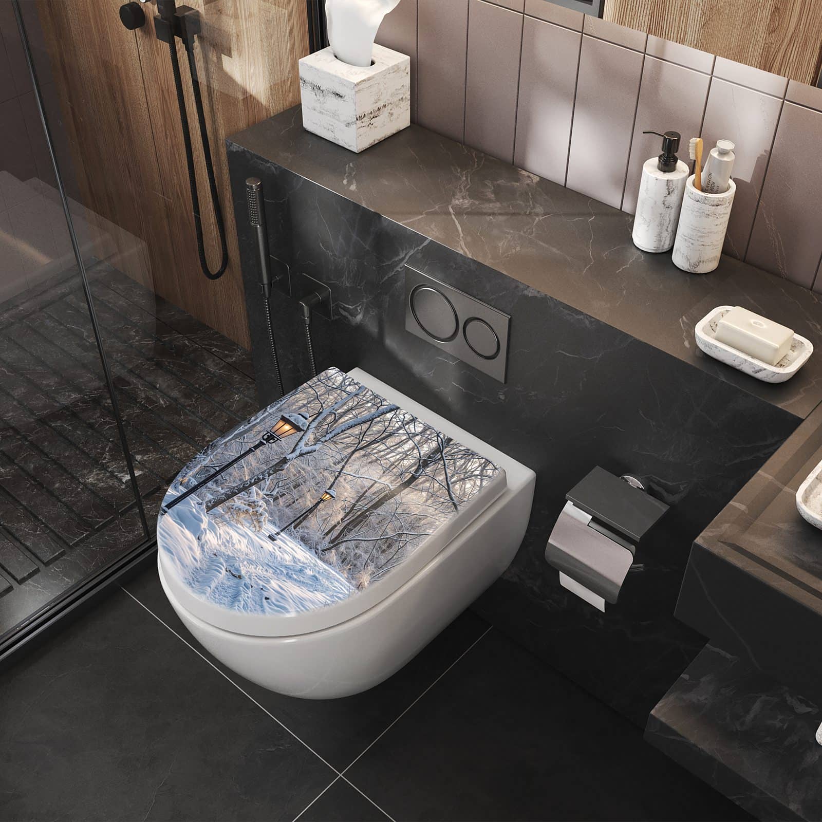 WC-Sitz mit Absenkautomatik Verschneiter Waldweg