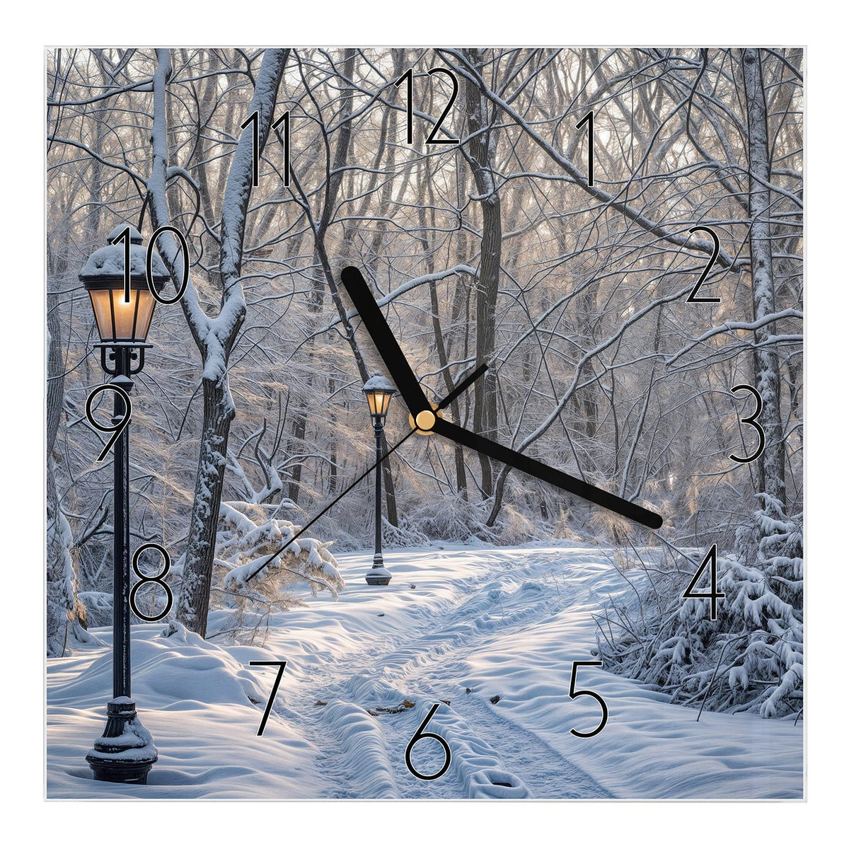 Wanduhr aus Glas, Ziffernblatt Elegant: Zwei brennende Laternen an einem tief verschneiten Weg durch winterlichen Wald #ziffernblatt_Elegant