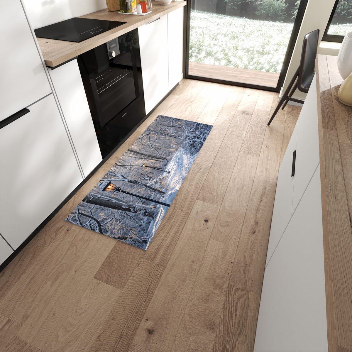 Fleckenresistenter Küchenteppich mit Motiv Verschneiter Waldweg in moderner Küche #grösse_60 x 150 cm